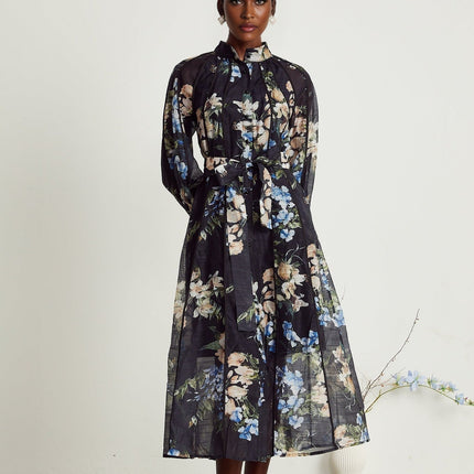 Teagan Black Floral Midi Dress with Stand-Up Collar and Flounce Hem
