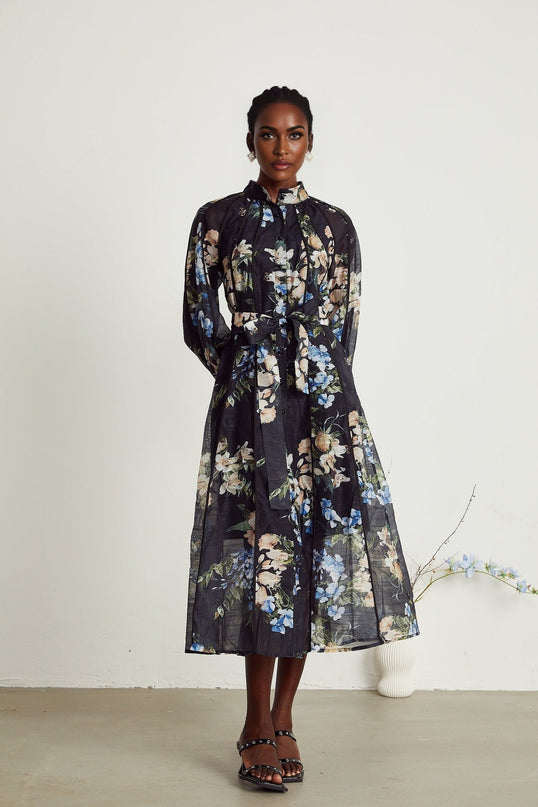 Teagan Black Floral Midi Dress with Stand-Up Collar and Flounce Hem