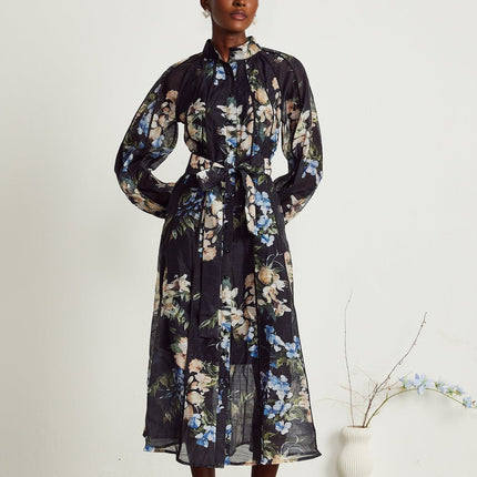 Teagan Black Floral Midi Dress with Stand-up Collar and Flounce Hem