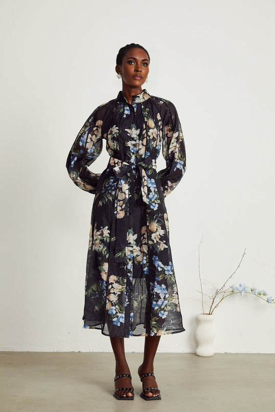 Teagan Black Floral Midi Dress with Stand-up Collar and Flounce Hem