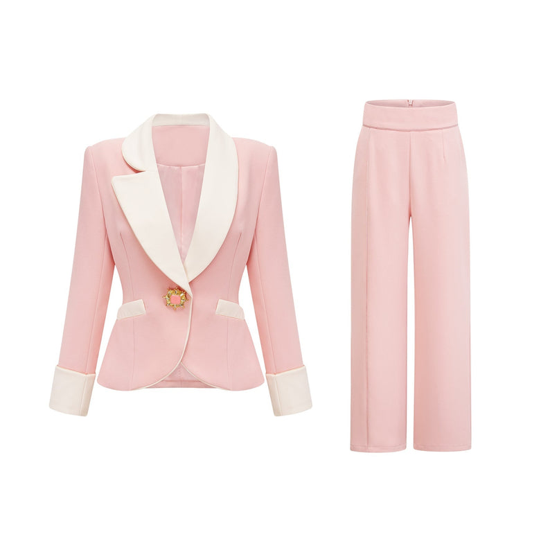 Teagan Pink White Blazer Pants Set Acetate Polyester Tailored Fit Straight Legs Side Slit Pockets