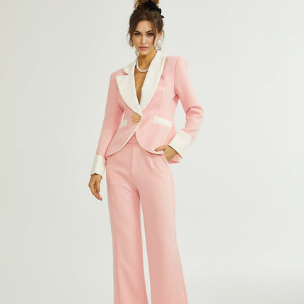 Teagan Pink White Blazer Pants Set Acetate Polyester Tailored Fit Straight Legs Side Slit Pockets