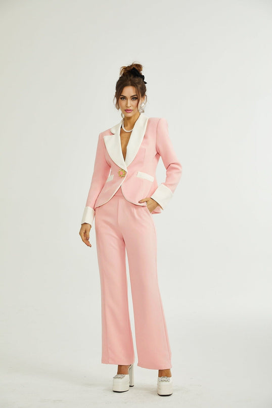 Teagan Pink White Blazer Pants Set Acetate Polyester Tailored Fit Straight Legs Side Slit Pockets