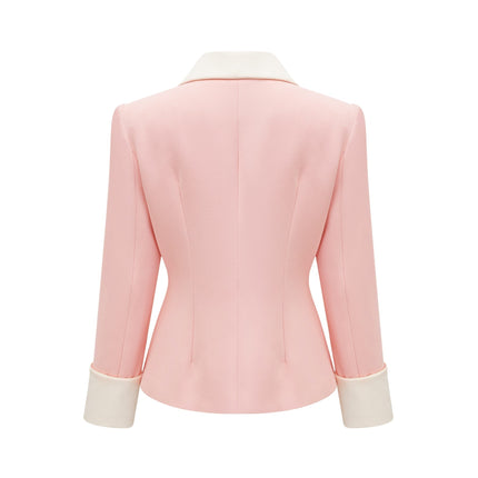 Teagan Pink White Blazer Pants Set Acetate Polyester Tailored Fit Long Sleeves High Rise Straight Legs Side Slit Pockets Craftsmanship Polished Refined Appearance