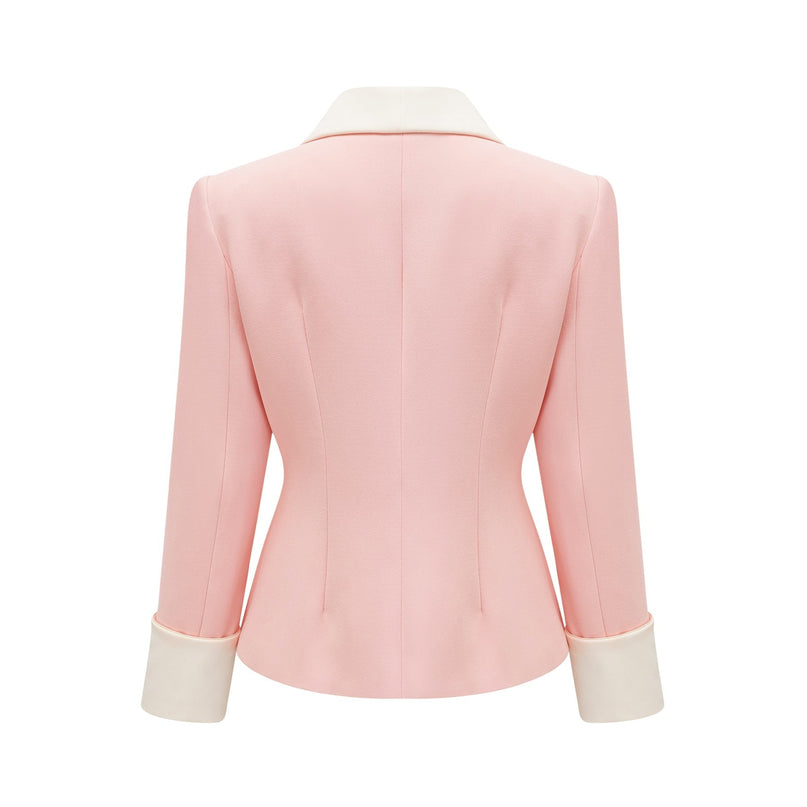 Teagan Pink White Blazer Pants Set Acetate Polyester Tailored Fit Long Sleeves High Rise Straight Legs Side Slit Pockets Craftsmanship Polished Refined Appearance