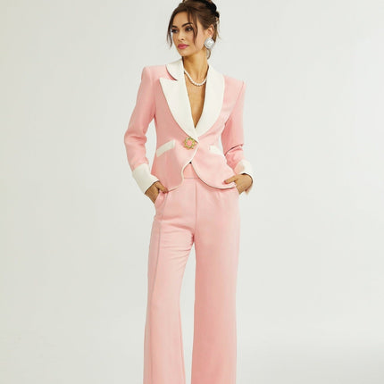 Teagan Pink White Blazer Pants Set Acetate Polyester Tailored Fit Straight Legs Side Slit Pockets
