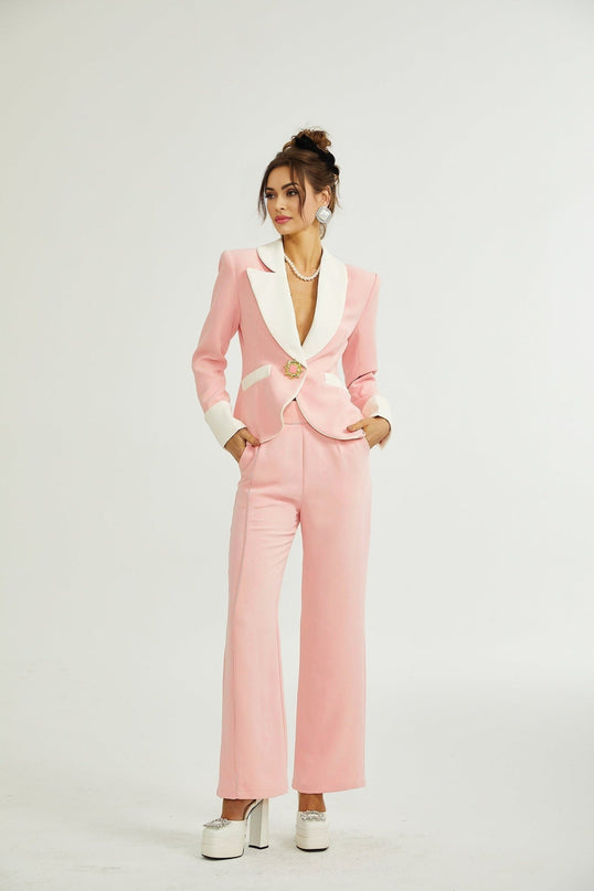Teagan Pink White Blazer Pants Set Acetate Polyester Tailored Fit Straight Legs Side Slit Pockets