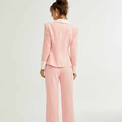 Teagan Pink White Blazer Pants Set Acetate Polyester Tailored Fit Straight Legs Side Slit Pockets