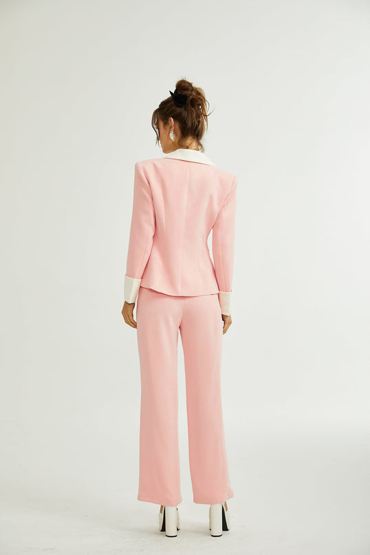 Teagan Pink White Blazer Pants Set Acetate Polyester Tailored Fit Straight Legs Side Slit Pockets