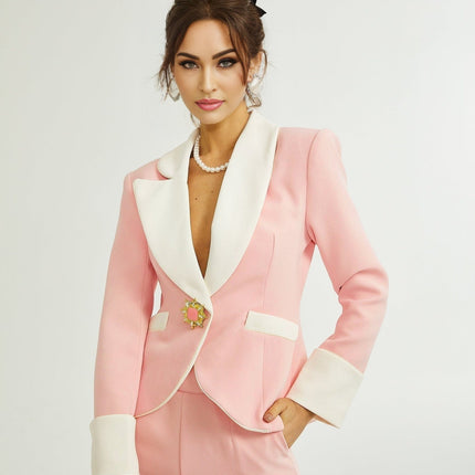 Teagan Pink White Blazer Pants Set Acetate Polyester Notched Lapels Tailored Fit Straight Legs Side Slit Pockets