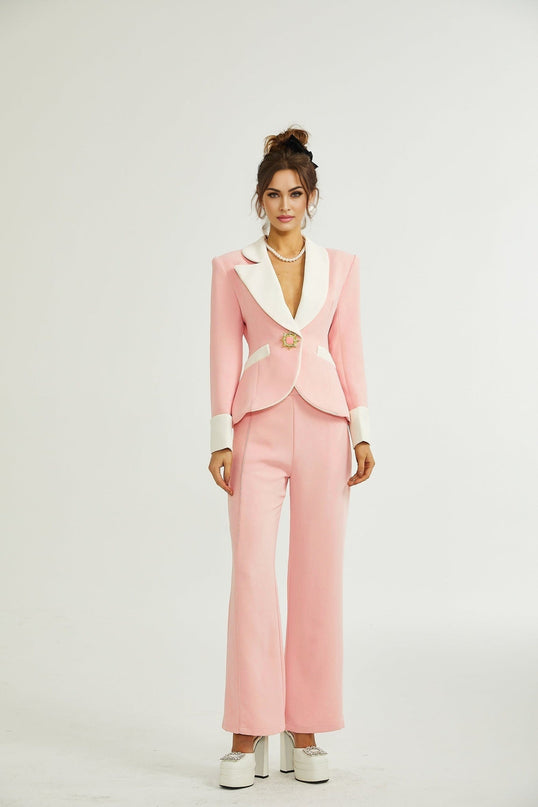 Teagan Pink White Blazer Pants Set