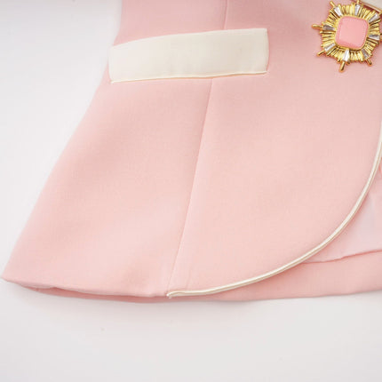 Teagan Pink White Blazer Pants Set Acetate Polyester Tailored Fit Straight Legs Side Slit Pockets