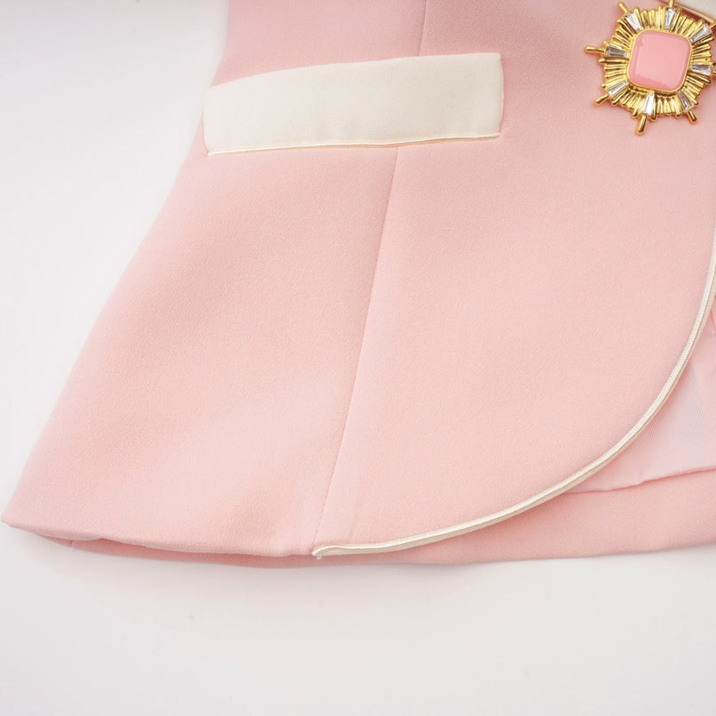 Teagan Pink White Blazer Pants Set Acetate Polyester Tailored Fit Straight Legs Side Slit Pockets