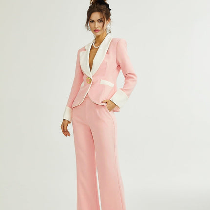 Teagan Pink White Blazer Pants Set Acetate Polyester Tailored Fit Straight Legs Side Slit Pockets