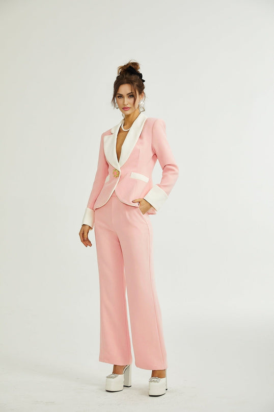 Teagan Pink White Blazer Pants Set Acetate Polyester Tailored Fit Straight Legs Side Slit Pockets