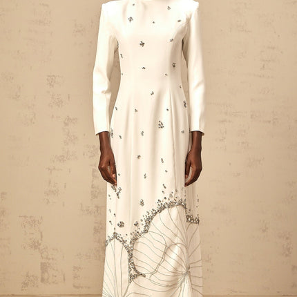 Tecla Maxi Dress Crystal Embellished White Long Sleeve Lotus Motif Dart Detailing Rear Slit Rear Zip Fastening Maxi Length Cotton Terylene Handmade Crystals Rhinestones Unique Beauty