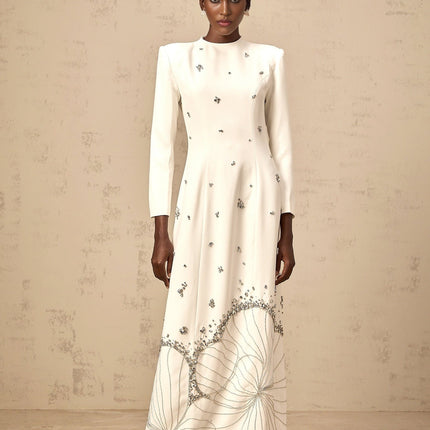 Tecla Maxi Dress Crystal Embellished White Long Sleeve Lotus Motif Dart Detailing Rear Slit Rear Zip Fastening Maxi Length Cotton Terylene Handmade Crystals Rhinestones Unique Beauty