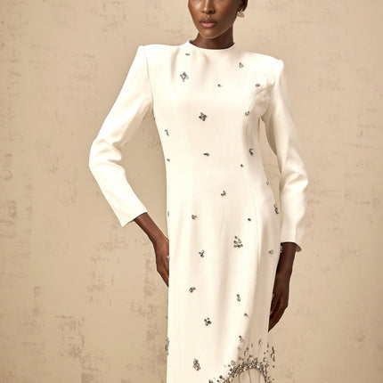 Tecla Maxi Dress Crystal Embellished White Long Sleeve Lotus Motif Dart Detailing Rear Slit Zip Fastening Cotton Terylene Handmade Unique Beauty