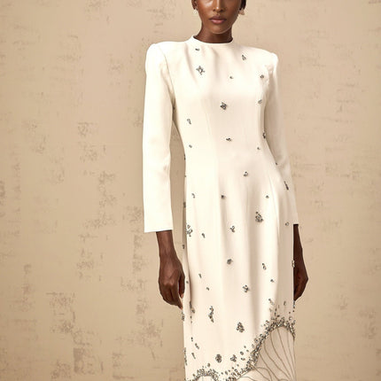 Tecla Maxi Dress Crystal Embellished White Long Sleeves Lotus Motif Dart Detailing Rear Slit Rear Zip Fastening Maxi Length Cotton Terylene Handmade Crystals Rhinestones Unique Beauty