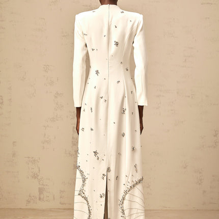 Tecla Maxi Dress Crystal Embellished White Long Sleeve Lotus Motif Dart Detailing Rear Slit Rear Zip Fastening Maxi Length Handmade Crystals Rhinestones 75 Cotton 25 Terylene