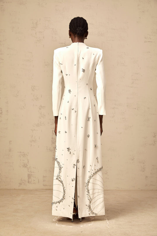 Tecla Maxi Dress Crystal Embellished White Long Sleeve Lotus Motif Dart Detailing Rear Slit Rear Zip Fastening Maxi Length Handmade Crystals Rhinestones 75 Cotton 25 Terylene