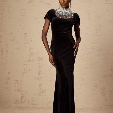 Tenley Black Classic Velvet Maxi Dress with faux-pearl and crystal embellishments