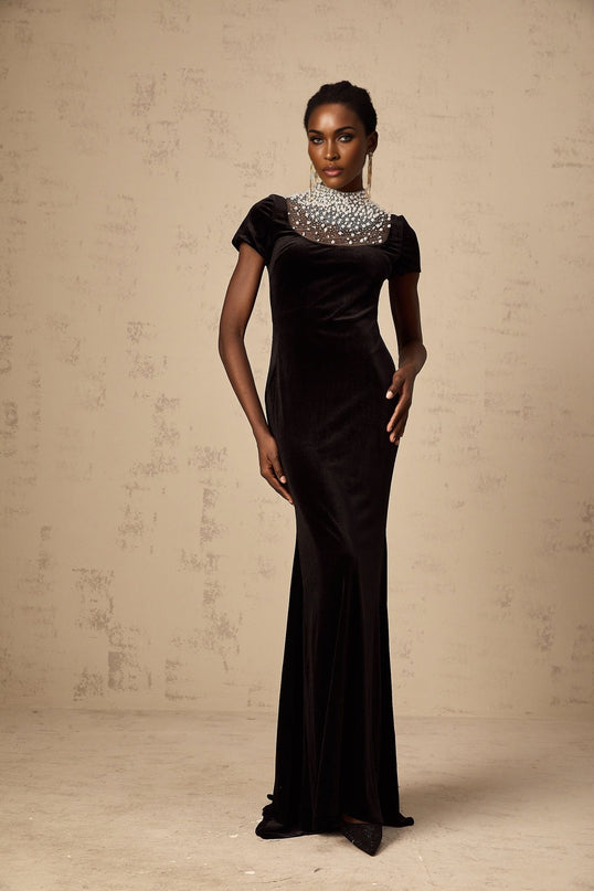 Tenley Black Classic Velvet Maxi Dress with faux-pearl and crystal embellishments