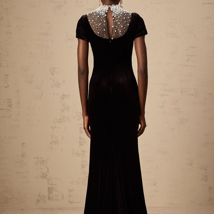 Tenley Black Classic Velvet Maxi Dress with Faux-Pearl and Crystal Embellishments