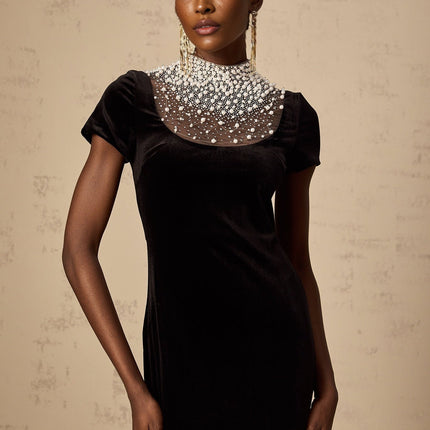 Tenley Black Velvet Maxi Dress with Faux-Pearl and Crystal Embellishments