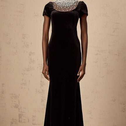 Tenley Black Classic Velvet Maxi Dress with Faux-Pearl and Crystal Embellishments