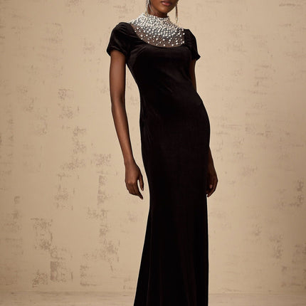 Tenley Black Velvet Maxi Dress with Faux-Pearl and Crystal Embellishments