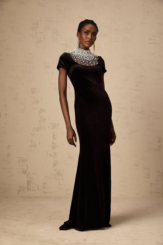 Tenley Black Velvet Maxi Dress with Faux-Pearl and Crystal Embellishments