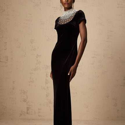Tenley Black Velvet Maxi Dress with Faux-Pearl and Crystal Embellishments
