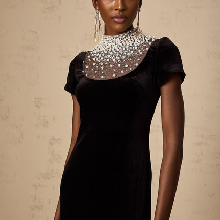 Tenley Black Classic Velvet Maxi Dress with Faux-Pearl and Crystal Embellishments
