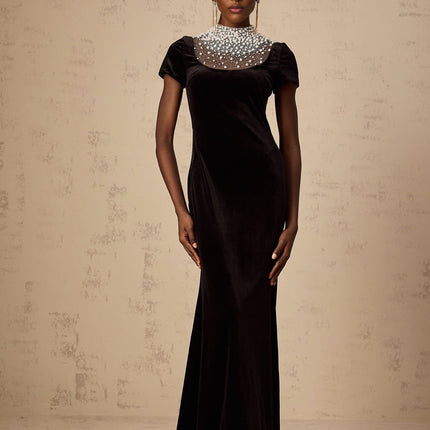 Tenley Black Velvet Maxi Dress with Faux-Pearl and Crystal Embellishments
