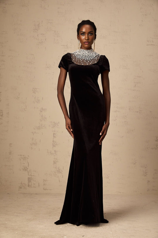 Tenley Black Velvet Maxi Dress with Faux-Pearl and Crystal Embellishments