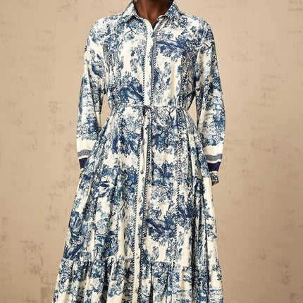 Tenley Blue and White Midi Dress with Pleated Detailing and Tied Waist
