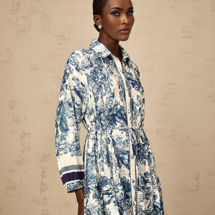 Tenley Blue and White Midi Dress with Pleated Detailing and Tied Waist