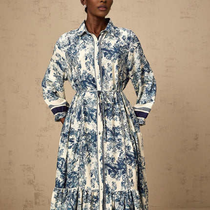 Tenley Blue and White Midi Dress with Pleated Detailing and Tied Waist