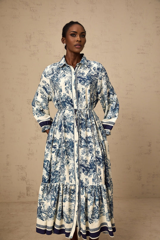 Tenley Blue and White Midi Dress with Pleated Detailing and Tied Waist