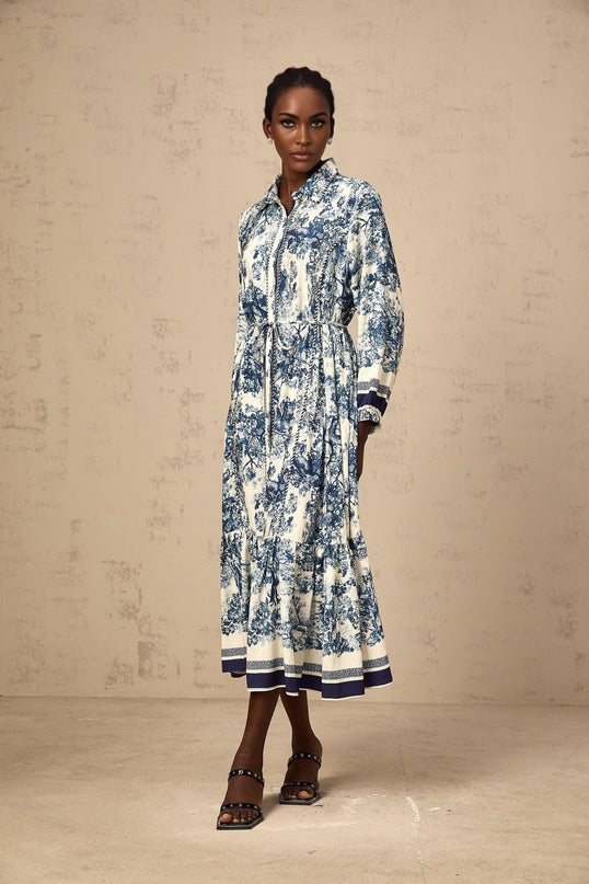 Tenley Blue and White Midi Dress with Pleated Detailing and Graphic Print