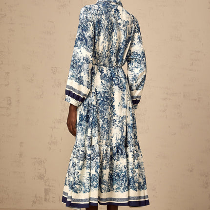 Tenley Blue and White Midi Dress with Pleated Detailing and Tied Waist