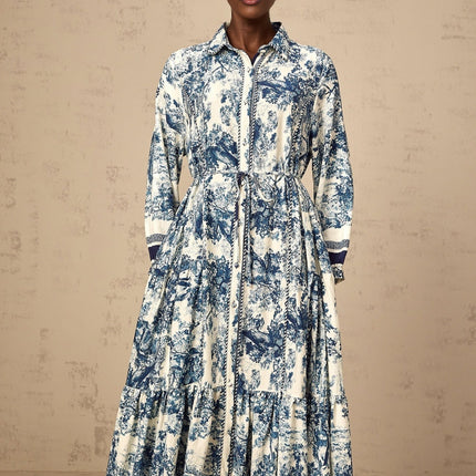 Tenley Blue and White Midi Dress with Pleated Detailing and Tied Waist