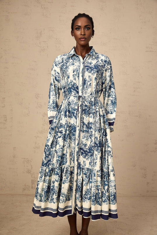 Tenley Blue and White Midi Dress with Pleated Detailing and Tied Waist