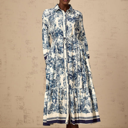 Tenley Blue and White Pleated Midi Dress with Collar and Graphic Print