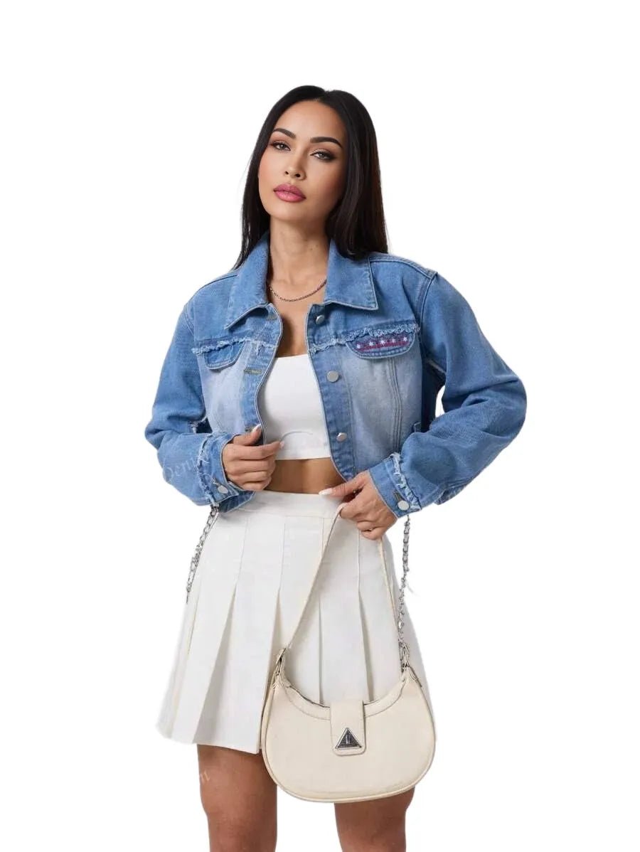 Tenley Cropped Denim Jacket with Stylish Chain Detail in Blue - XS