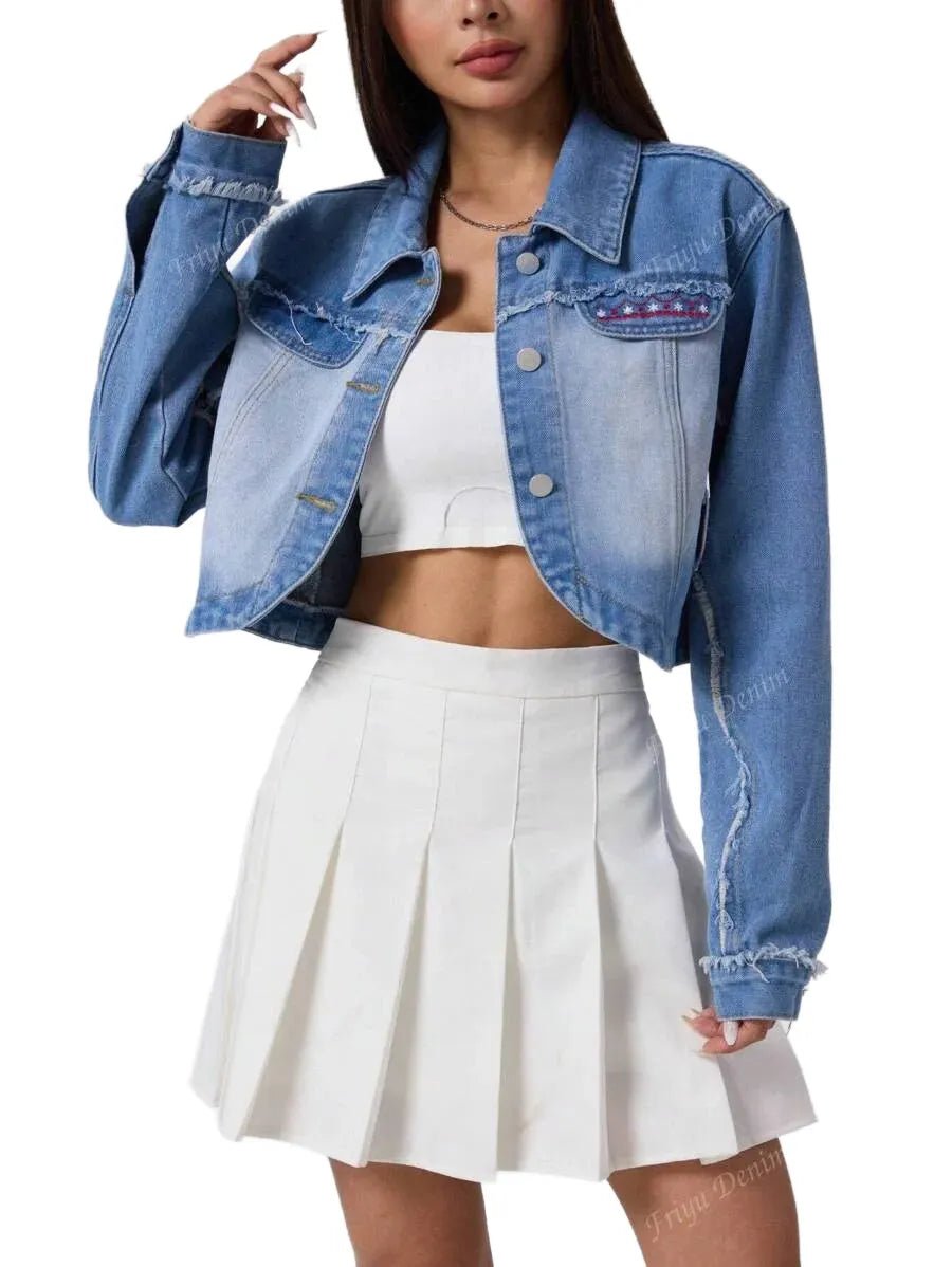 Tenley Cropped Denim Jacket with Stylish Chain Detail in Blue - XS