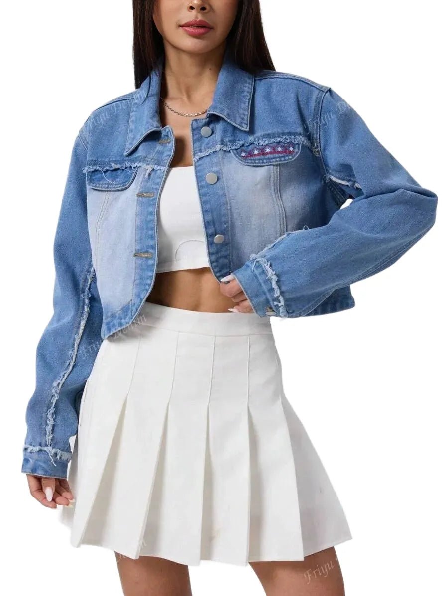 Tenley Cropped Denim Jacket with Stylish Chain Detail in Blue - XS
