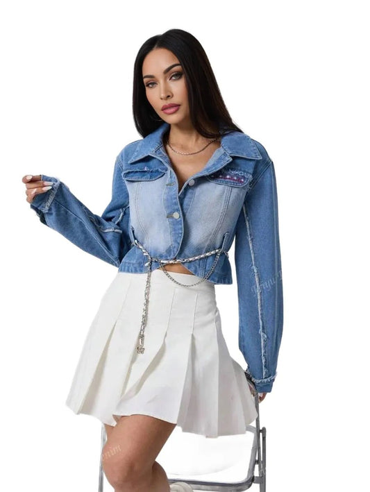 Tenley Cropped Denim Jacket with Stylish Chain Detail in Blue - XS