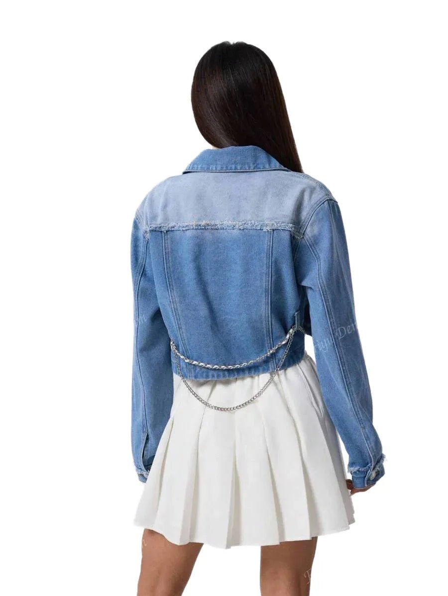 Tenley Cropped Denim Jacket with Stylish Chain Detail in Blue - XS